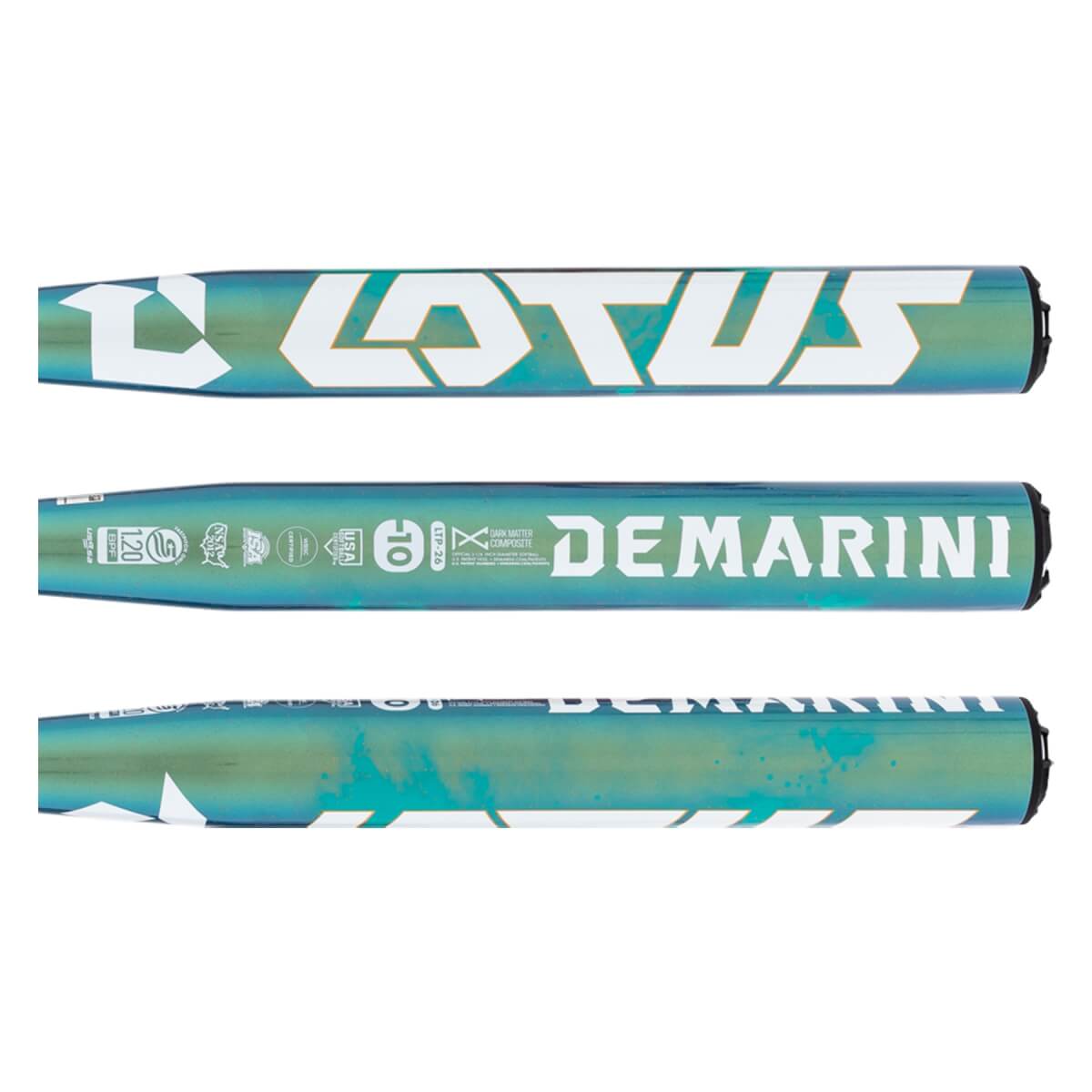 Side view of an iridescent teal/green softball bat with LOTUS and DEMARINI branding, plus certification marks.