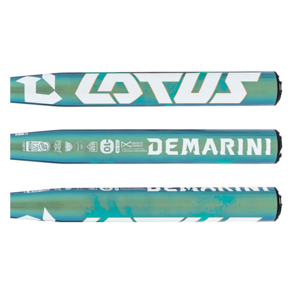 Side view of an iridescent teal/green softball bat with LOTUS and DEMARINI branding, plus certification marks.