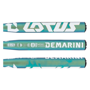 Side view of an iridescent teal/green softball bat with LOTUS and DEMARINI branding, plus certification marks.