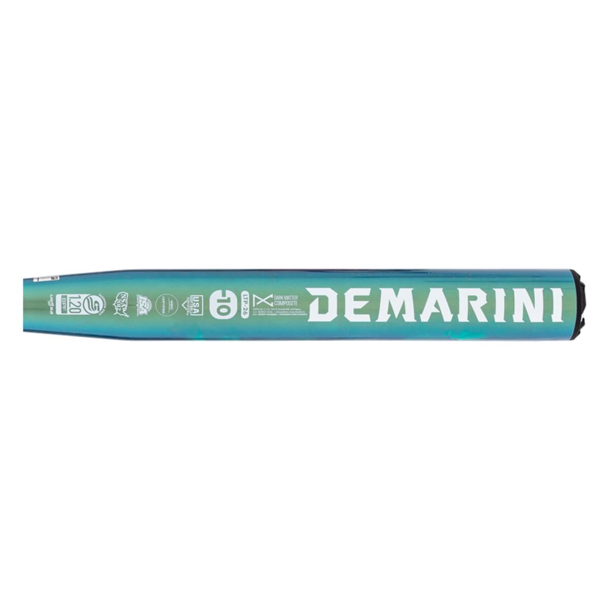 Side view of an iridescent teal fastpitch softball bat with DEMARINI in white and multiple certification stamps.