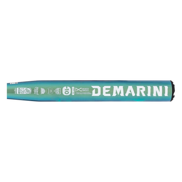Side view of an iridescent teal fastpitch softball bat with DEMARINI in white and multiple certification stamps.
