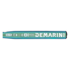 Side view of an iridescent teal fastpitch softball bat with DEMARINI in white and multiple certification stamps.