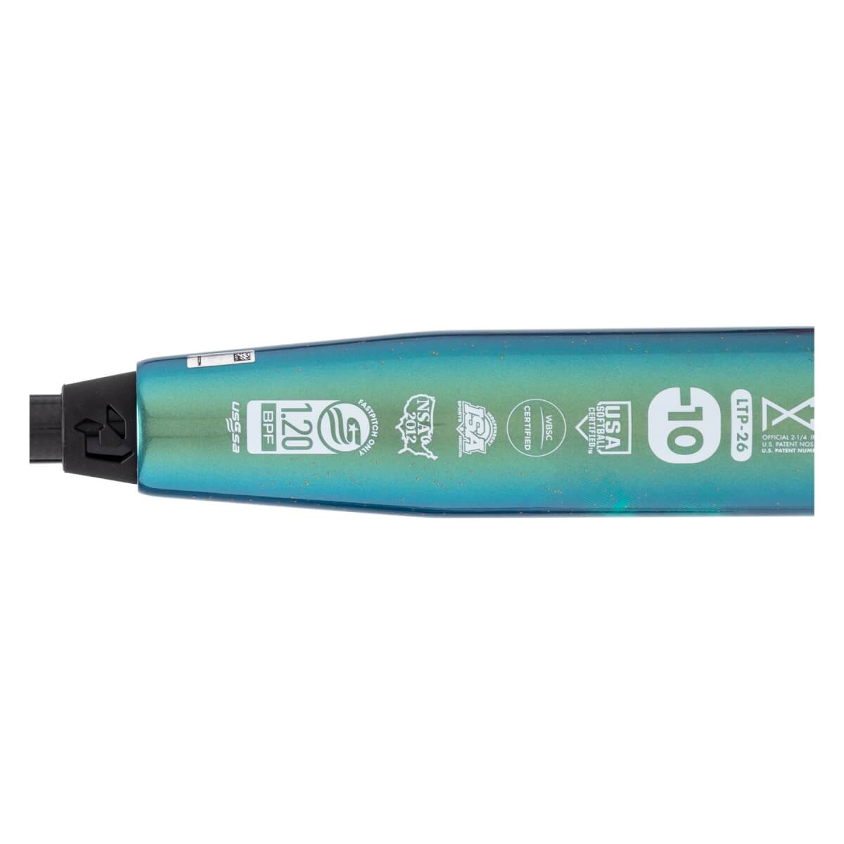 Close-up of a metallic teal softball bats taper with multiple certification logos and a visible -10 weight drop.