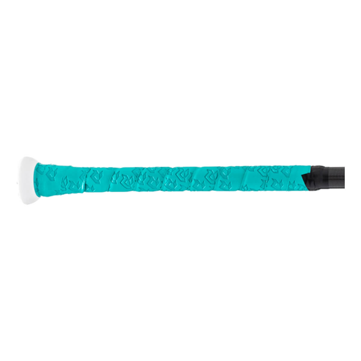 Side view of a turquoise bat grip with a white knob and an embossed pattern.