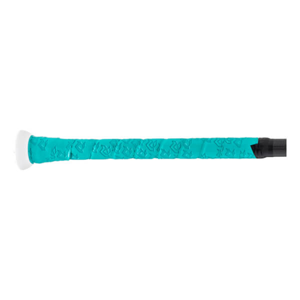 Side view of a turquoise bat grip with a white knob and an embossed pattern.