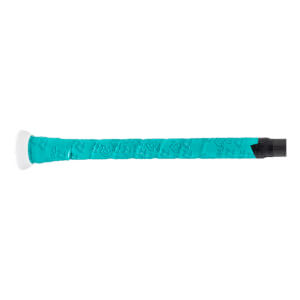 Side view of a turquoise bat grip with a white knob and an embossed pattern.