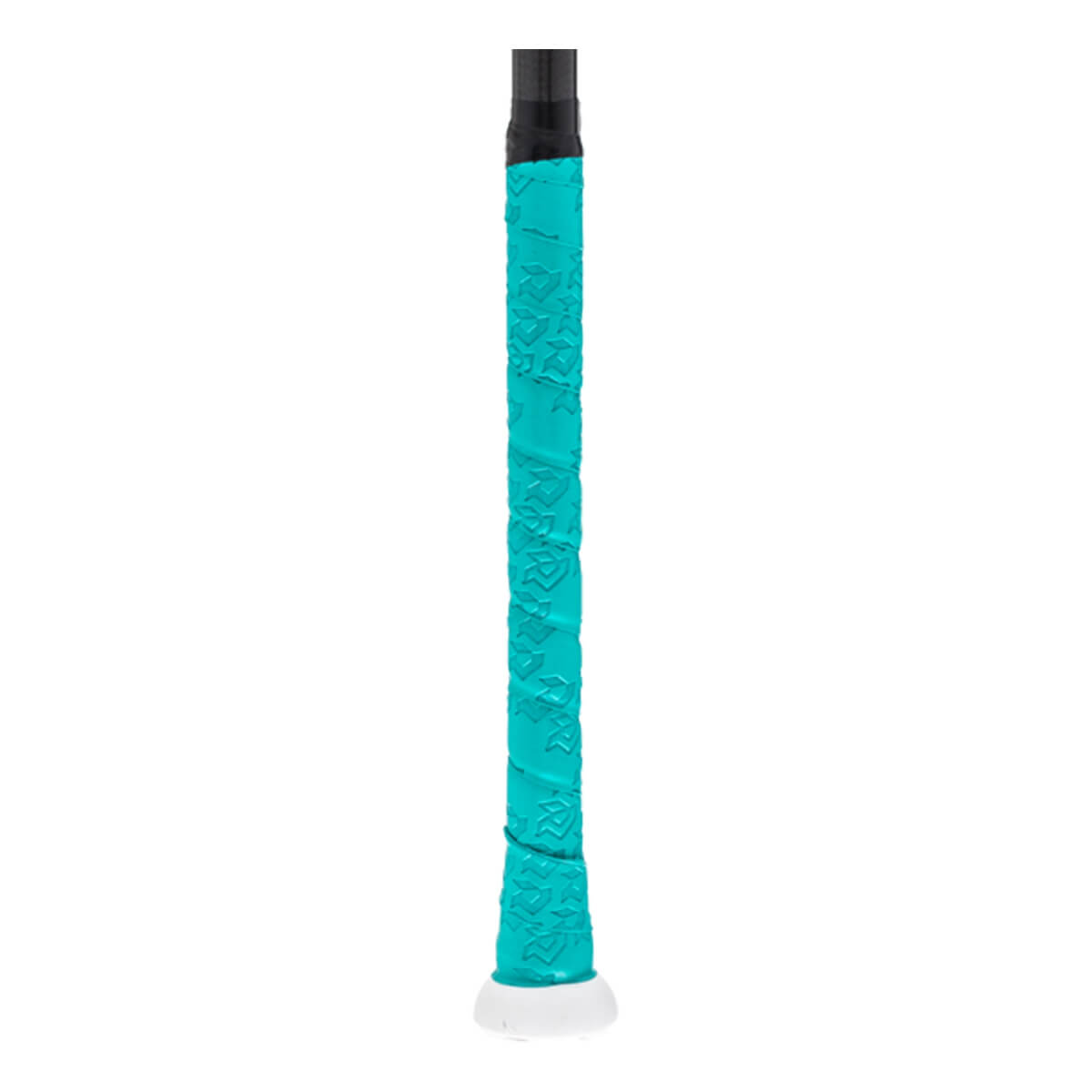 Close-up of a teal fastpitch softball bat grip with a lotus pattern, black handle, and white knob.