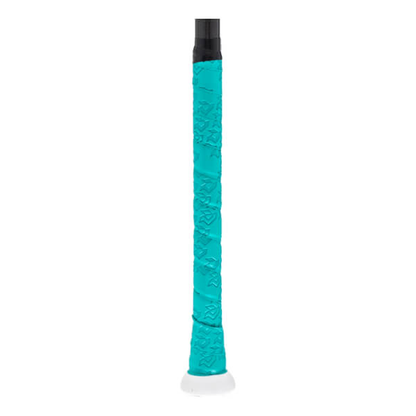 Close-up of a teal fastpitch softball bat grip with a lotus pattern, black handle, and white knob.