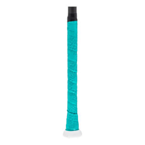 Close-up of a teal fastpitch softball bat grip with a lotus pattern, black handle, and white knob.