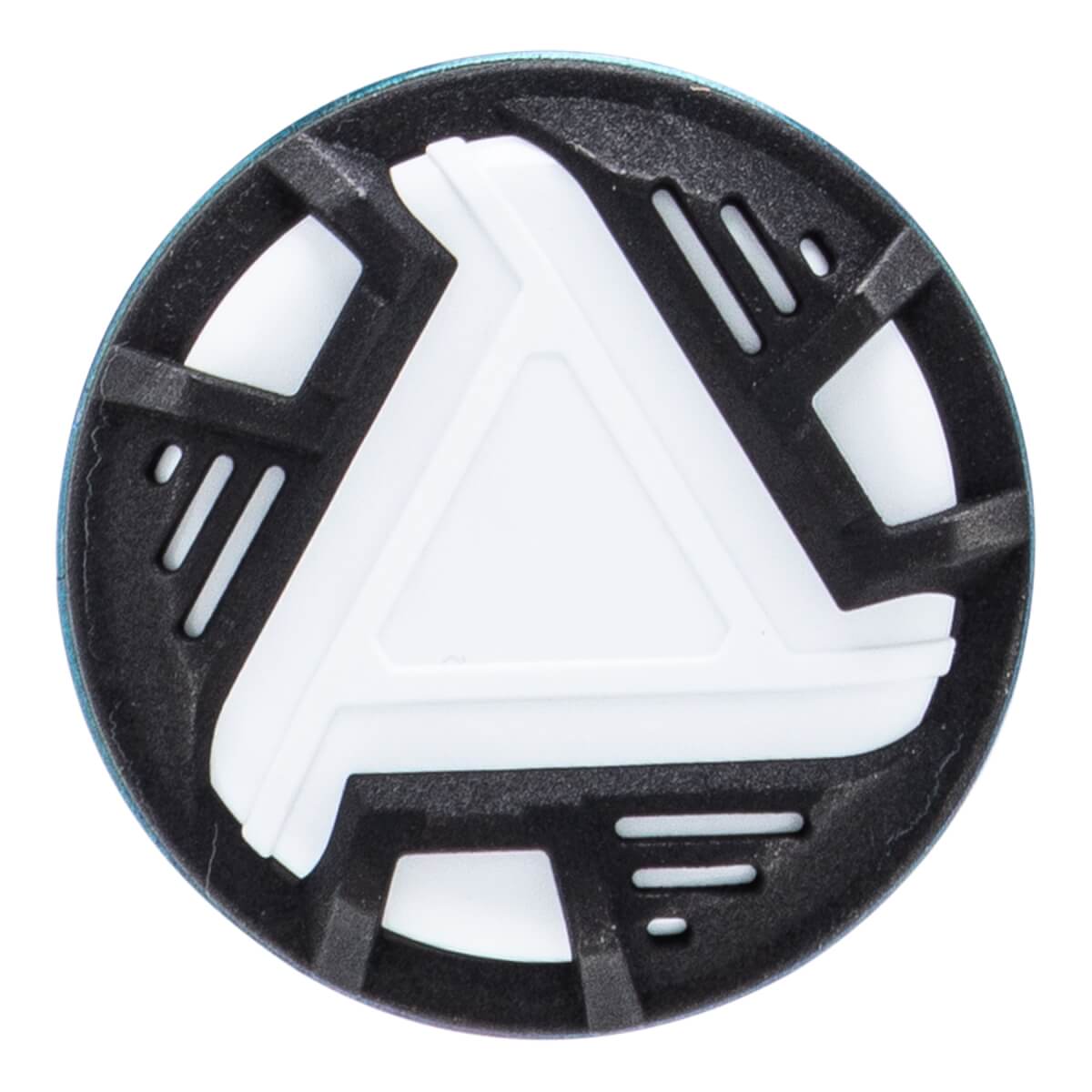 Top-down close-up of a black bat end cap with a white triangular design and slotted cutouts.