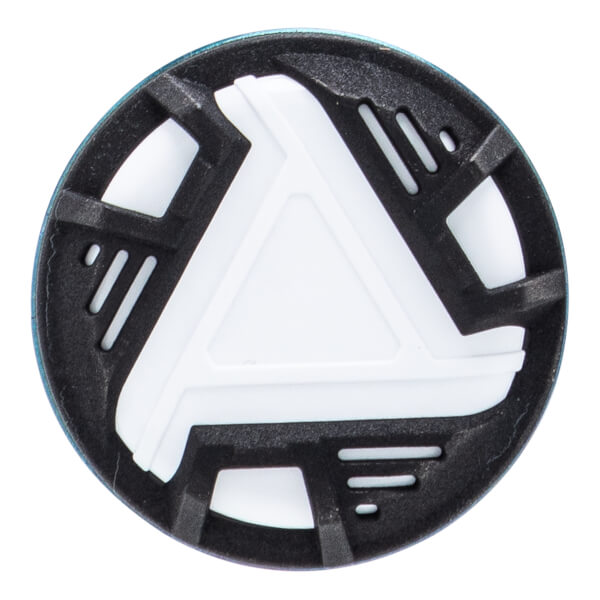 Top-down close-up of a black bat end cap with a white triangular design and slotted cutouts.