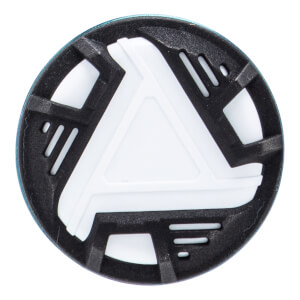 Top-down close-up of a black bat end cap with a white triangular design and slotted cutouts.