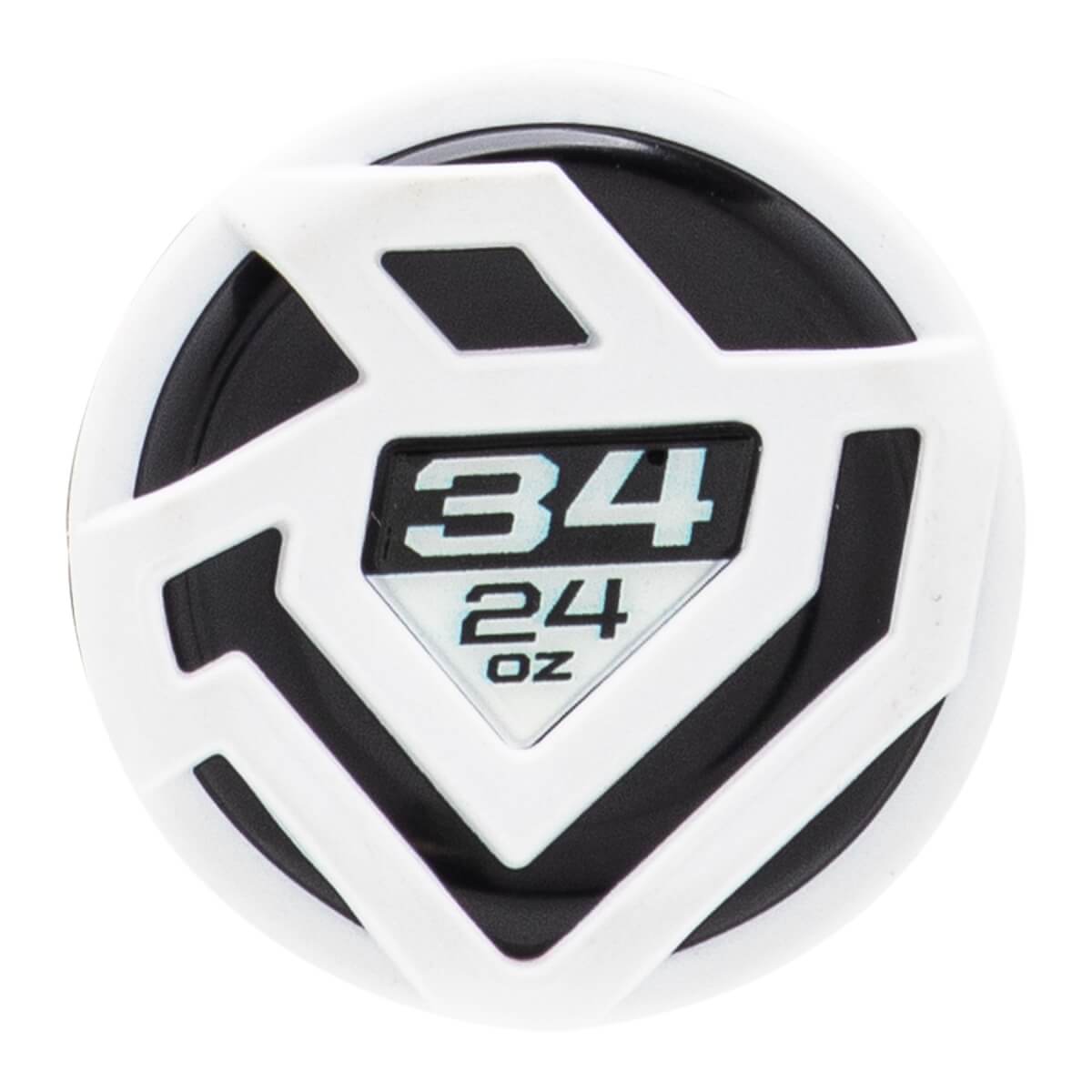Close-up of a white and black bat end cap with a raised geometric pattern and 34 24 oz in a central diamond.