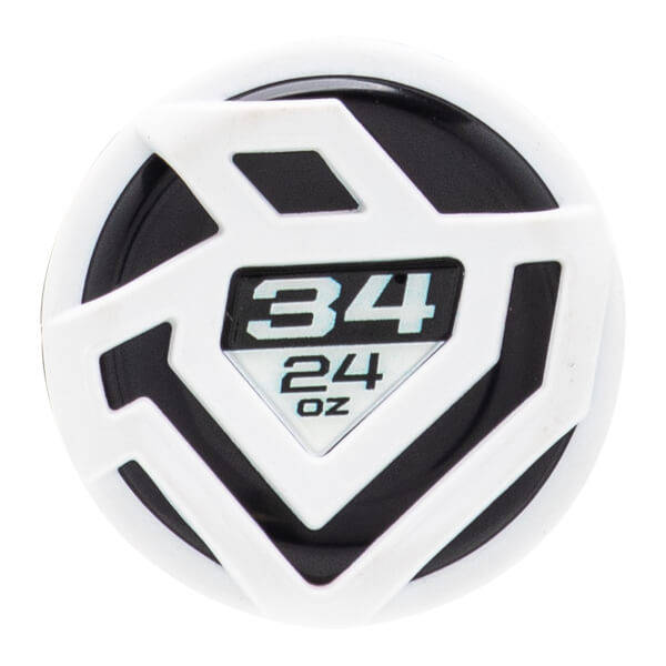 Close-up of a white and black bat end cap with a raised geometric pattern and 34 24 oz in a central diamond.
