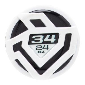 Close-up of a white and black bat end cap with a raised geometric pattern and 34 24 oz in a central diamond.