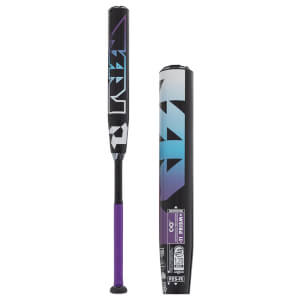 Full view and close-up of a black fastpitch softball bat with a purple grip, DEMARINI PRISM+ text, and iridescent geometric barrel design.