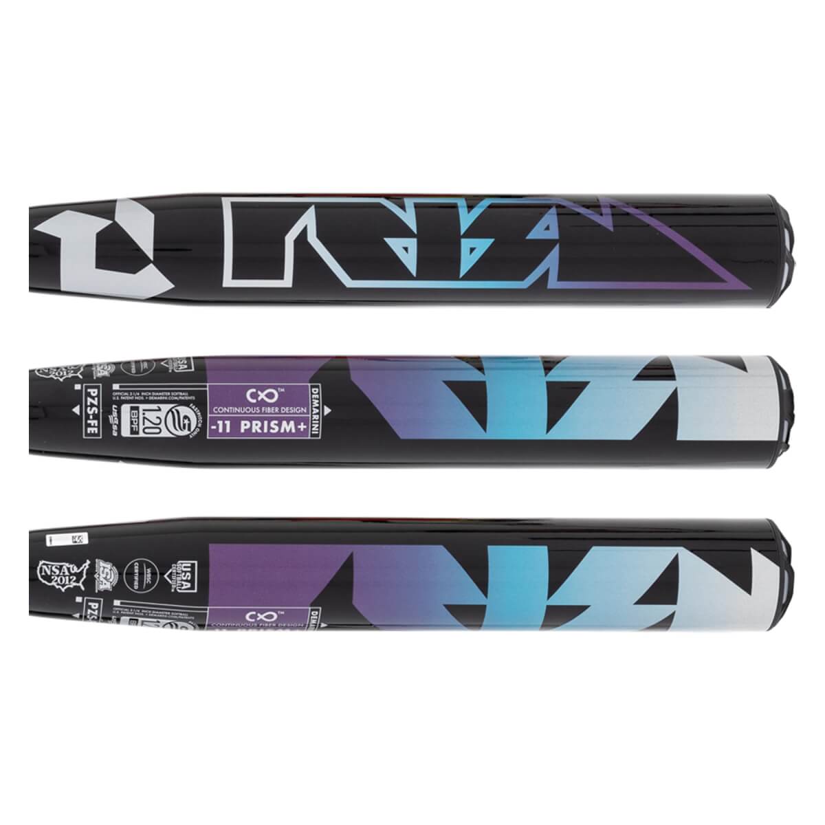 Top-down view of barrel sections of a black fastpitch softball bat with a large gradient DeMarini logo and PRISM+ text.