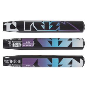 Top-down view of barrel sections of a black fastpitch softball bat with a large gradient DeMarini logo and PRISM+ text.