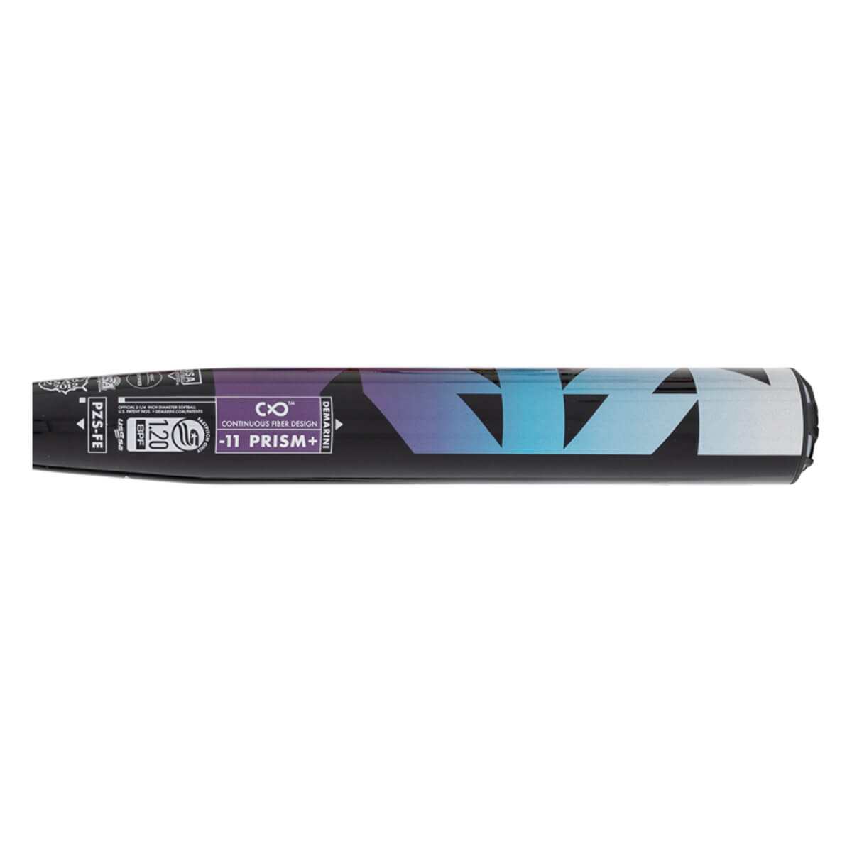 Side view of a black DeMarini bat barrel with a purple-to-blue geometric design and PRISM+ branding.