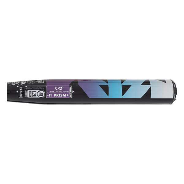 Side view of a black DeMarini bat barrel with a purple-to-blue geometric design and PRISM+ branding.