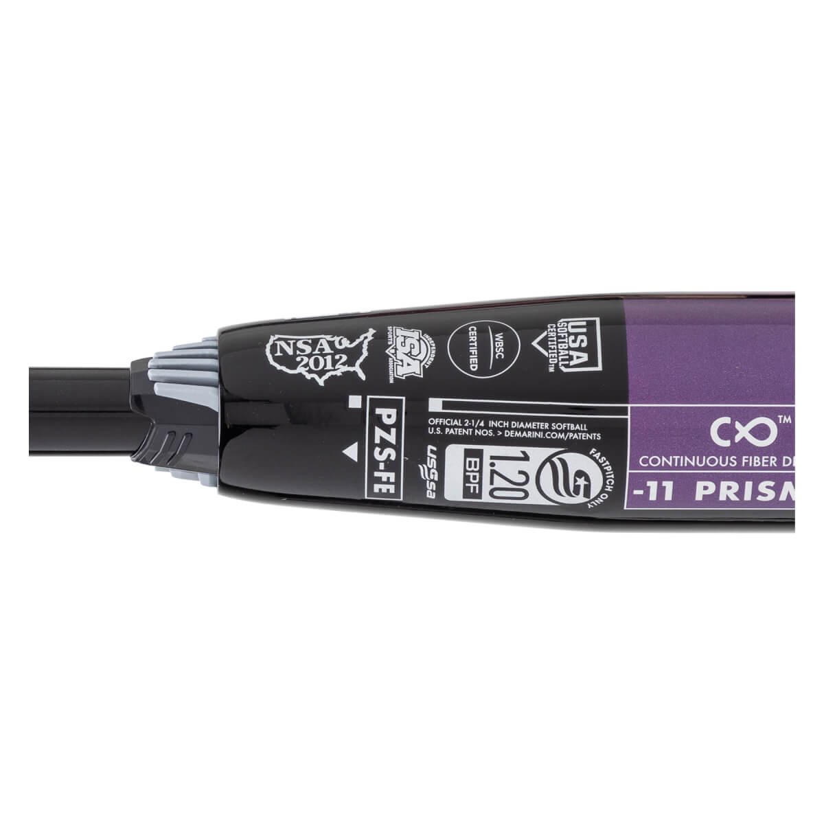 Close-up of a black and purple fastpitch softball bat showing certification stamps, PZS-FE, and Continuous Fiber D -11 Prism text.