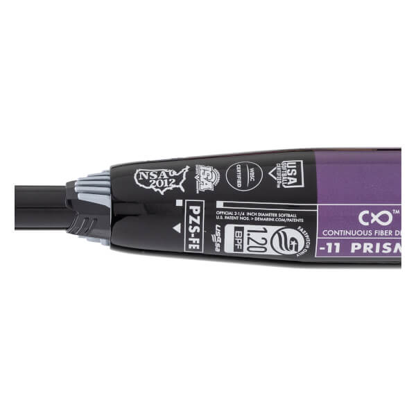 Close-up of a black and purple fastpitch softball bat showing certification stamps, PZS-FE, and Continuous Fiber D -11 Prism text.