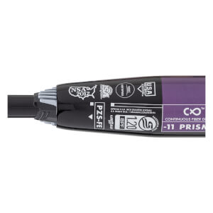 Close-up of a black and purple fastpitch softball bat showing certification stamps, PZS-FE, and Continuous Fiber D -11 Prism text.