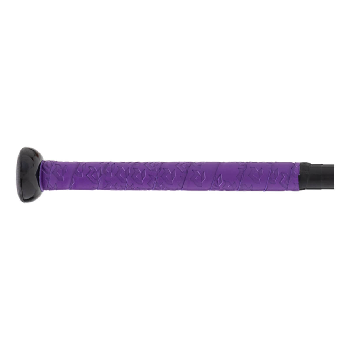 Close-up of a purple bat grip with a textured pattern and a black knob.