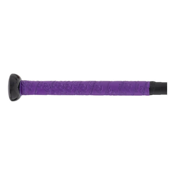 Close-up of a purple bat grip with a textured pattern and a black knob.