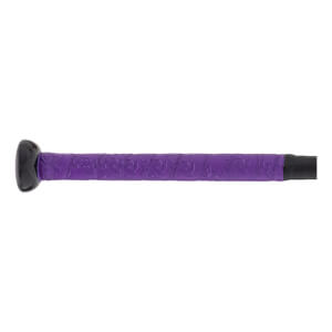 Close-up of a purple bat grip with a textured pattern and a black knob.