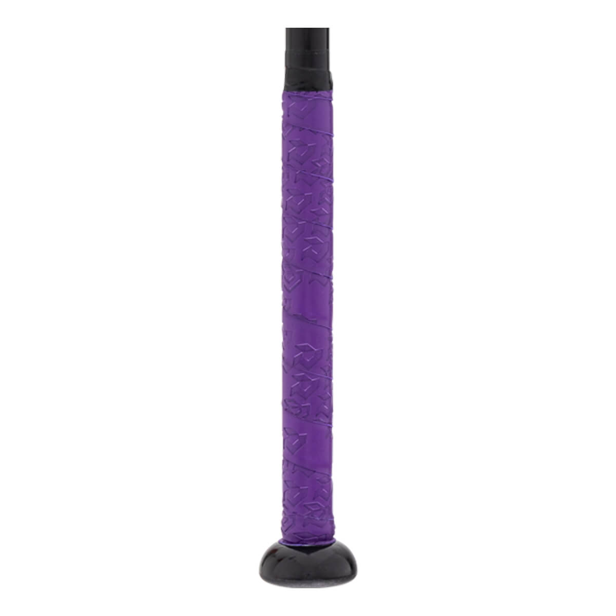 Close-up of a purple bat handle with a textured grip and a black knob.