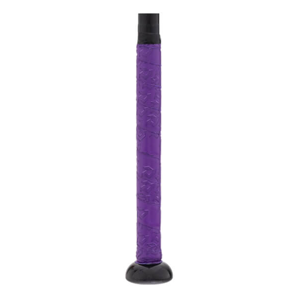 Close-up of a purple bat handle with a textured grip and a black knob.