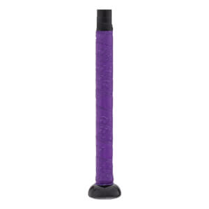 Close-up of a purple bat handle with a textured grip and a black knob.