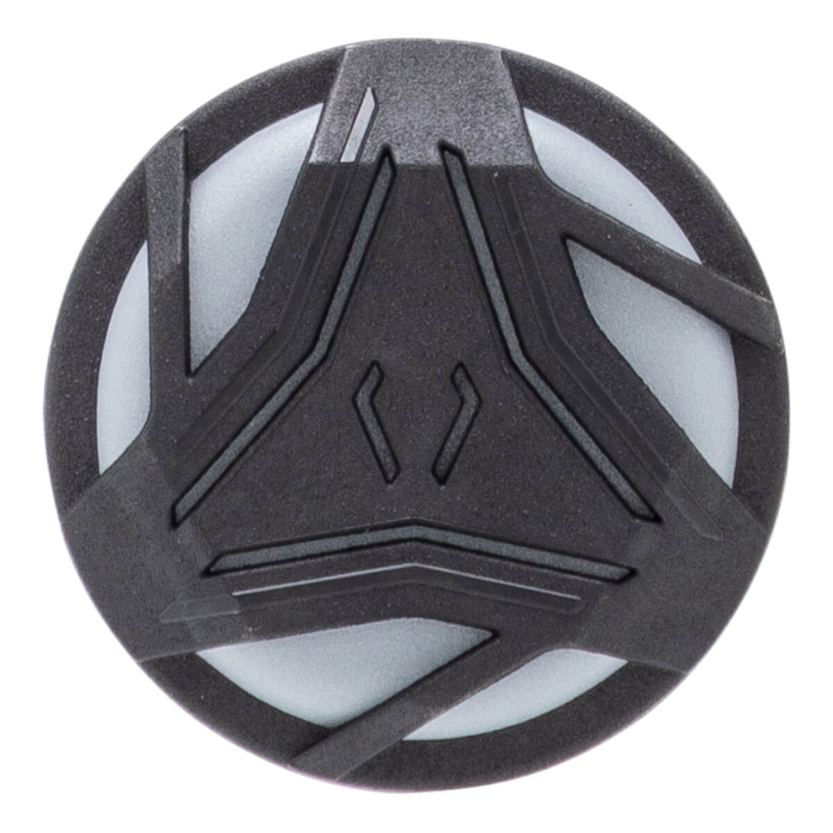 Top-down view of a black bat end cap with a textured surface, light gray cutouts, and a central triangular pattern.