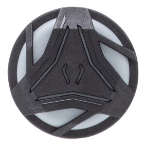 Top-down view of a black bat end cap with a textured surface, light gray cutouts, and a central triangular pattern.