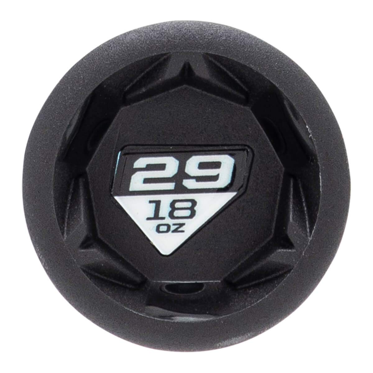 Top-down view of a black softball bat end cap with a white diamond label showing 29 18 OZ and a faceted design.