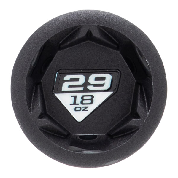 Top-down view of a black softball bat end cap with a white diamond label showing 29 18 OZ and a faceted design.