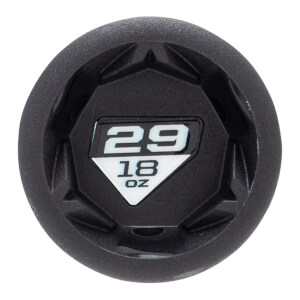 Top-down view of a black softball bat end cap with a white diamond label showing 29 18 OZ and a faceted design.