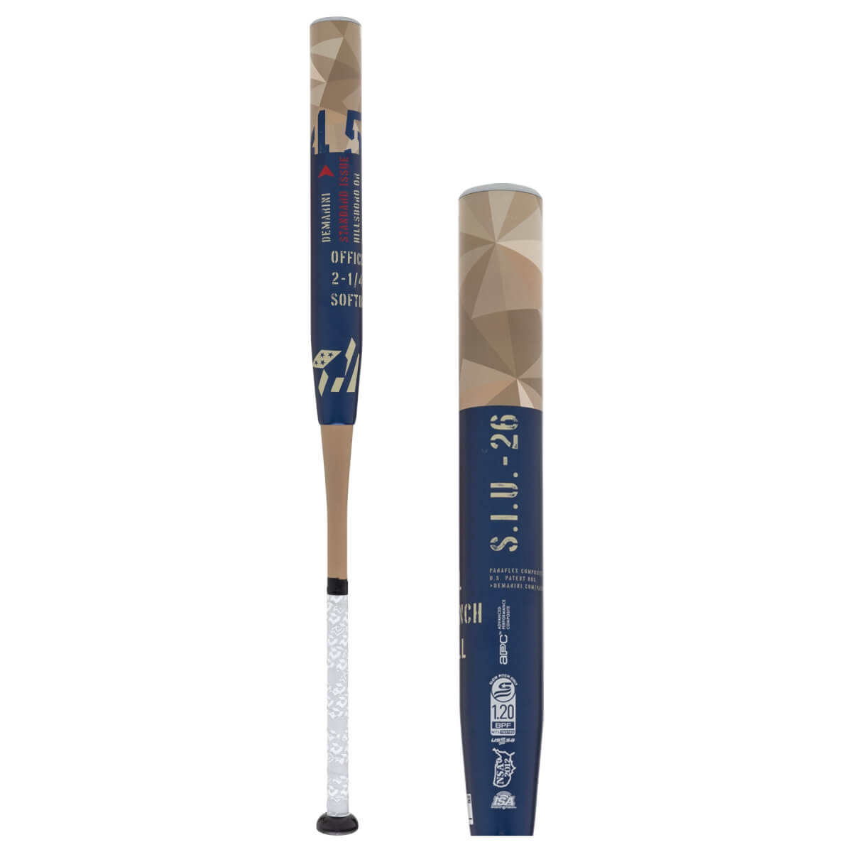 Side-by-side views of a blue and tan DeMarini softball bat with a geometric barrel pattern and white grip.