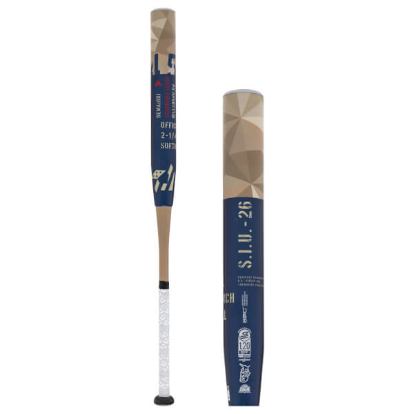 Side-by-side views of a blue and tan DeMarini softball bat with a geometric barrel pattern and white grip.
