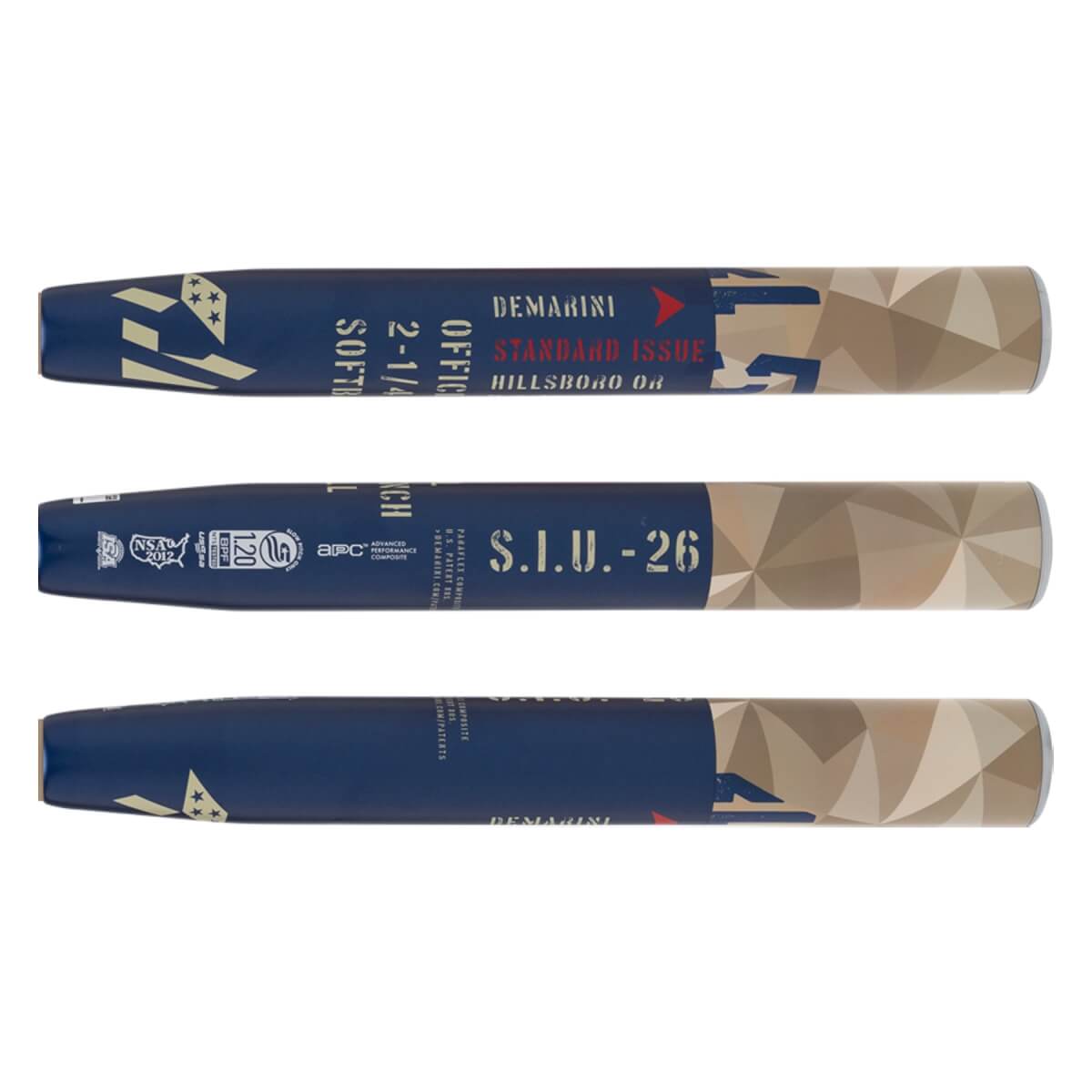 Barrel views of a navy and tan DeMarini softball bat with geometric pattern and patriotic graphic.