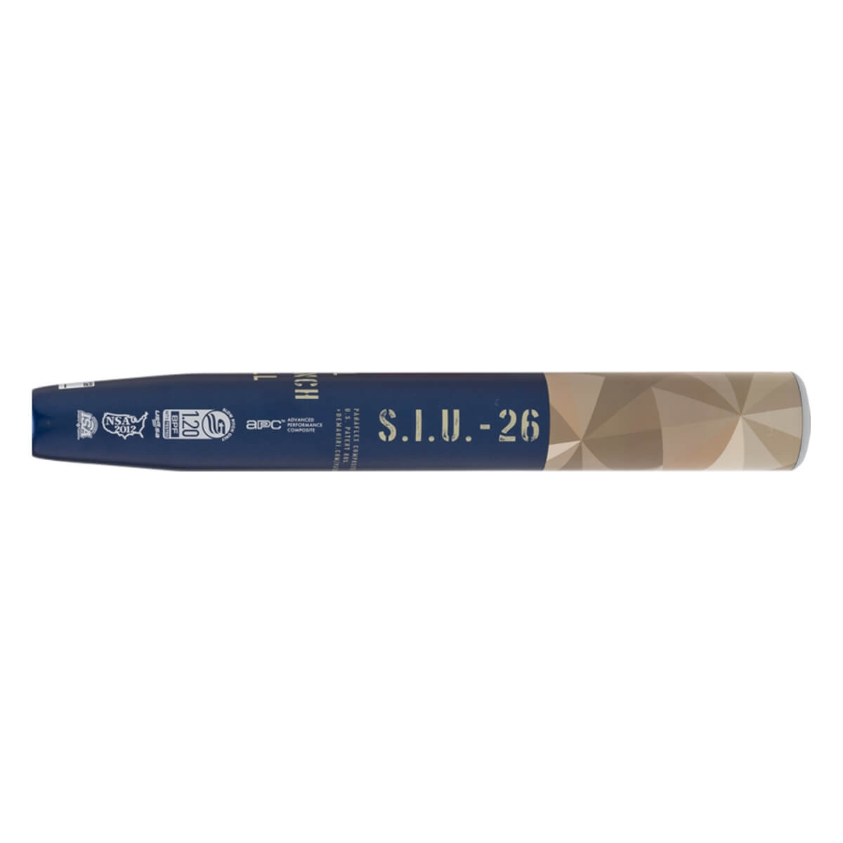 Side view of a dark blue and gold softball bat with S.I.U.-26 and SLOW PITCH text, plus a faceted barrel.
