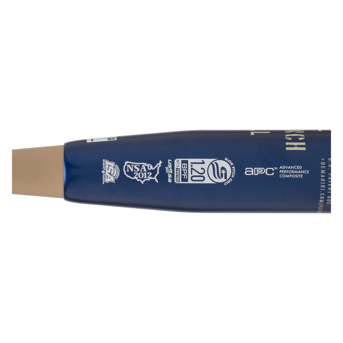 Close-up of a navy blue DeMarini softball bat barrel with white NSA, BPF, and APC logos, and a tan section.