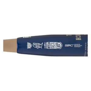 Close-up of a navy blue DeMarini softball bat barrel with white NSA, BPF, and APC logos, and a tan section.