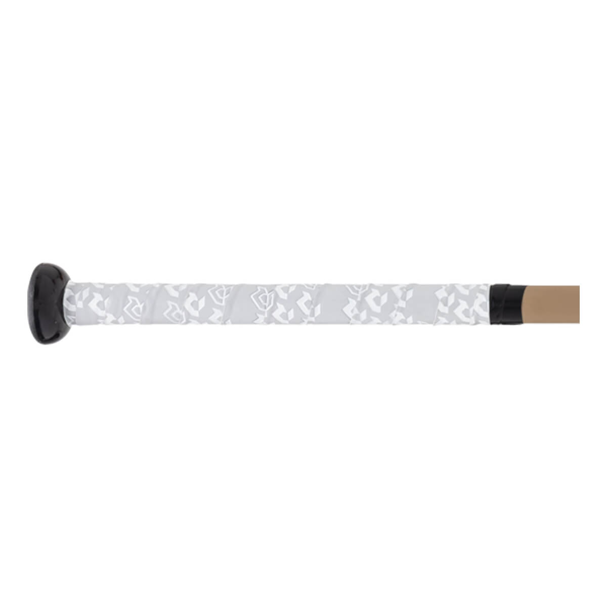 Side view of a light gray softball bat handle with a white patterned grip, black knob, and black tape securing the grip.