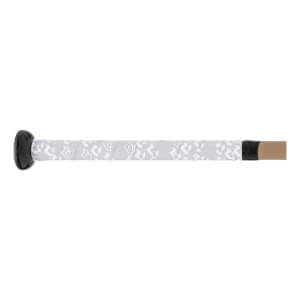 Side view of a light gray softball bat handle with a white patterned grip, black knob, and black tape securing the grip.