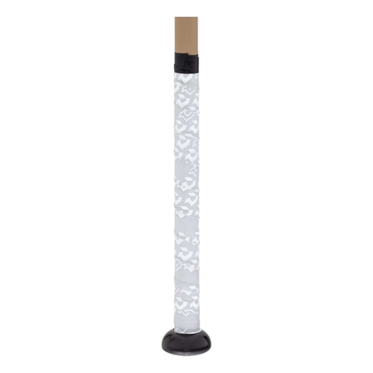 Close-up of a slow pitch softball bat handle with a white textured grip, black knob, and tan taper.