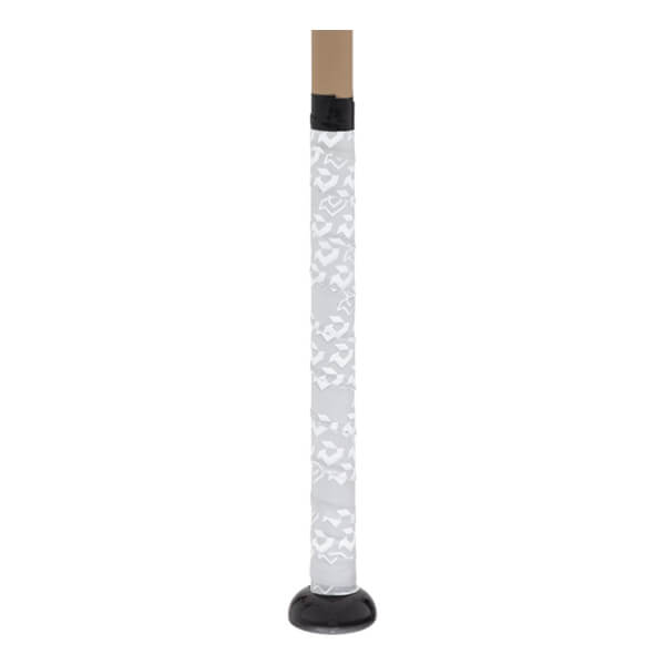 Close-up of a slow pitch softball bat handle with a white textured grip, black knob, and tan taper.