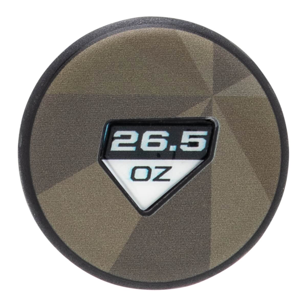 Top-down close-up of a brown and gray softball bat end cap with a geometric pattern and a 26.5 OZ weight indicator.