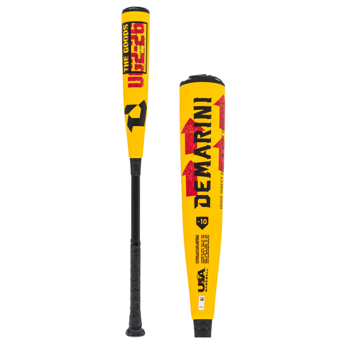 Two-angle view of a yellow and black baseball bat with THE GOODS, DEMARINI, and -10 printed on the barrels.